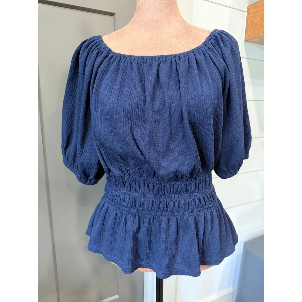LOFT Navy Blue Smocked Waist Peplum Blouse Puff Sleeve Crepe Top Medium